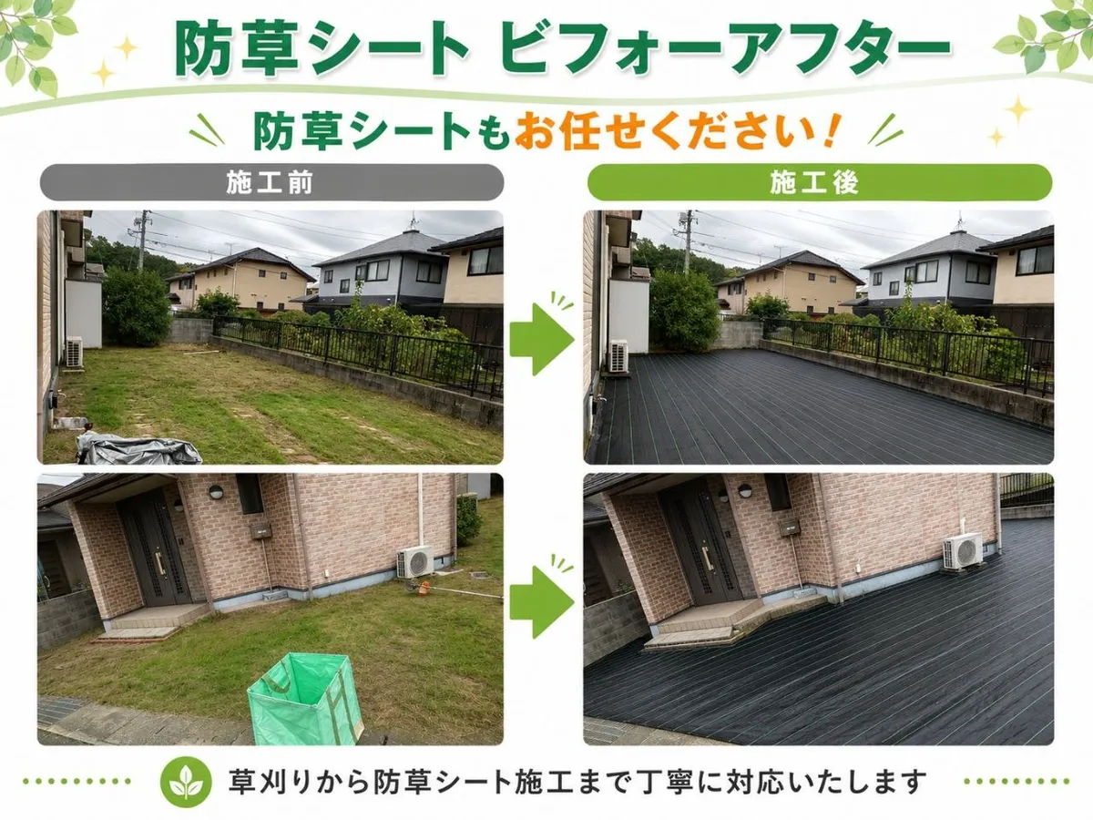 防草シート施工：施工前・施工後の比較写真
